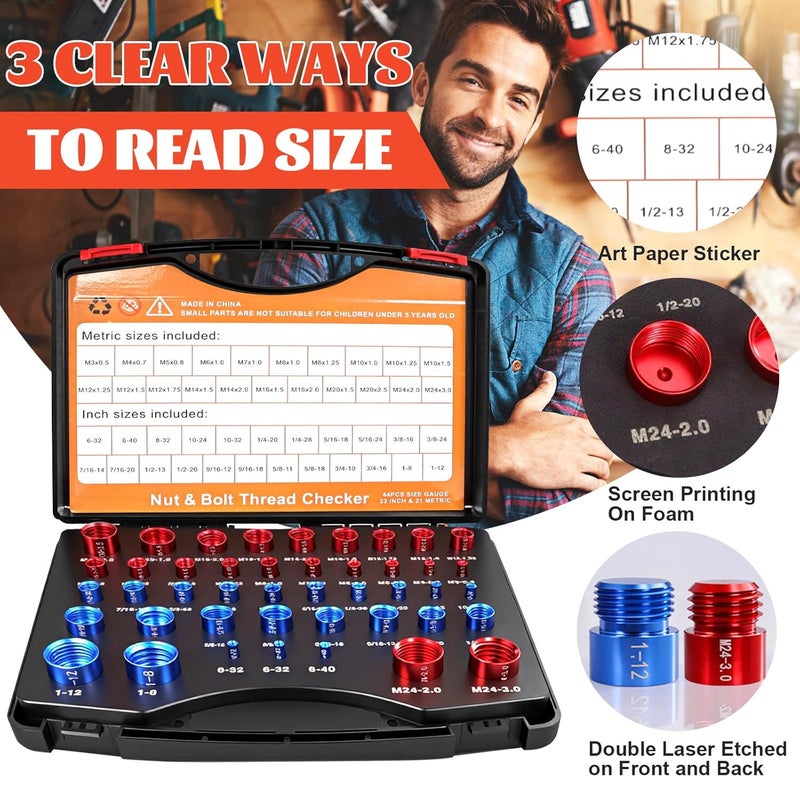 SBGGRL 44 Pcs Thread Gauge SAE and Metric, Nut and Bolt Thread Screw Checker Tool Set, Universal Standard Inch & Metric Hole Sizing Measuring for Quickly Identify and Verify with Storage Case - Image 4